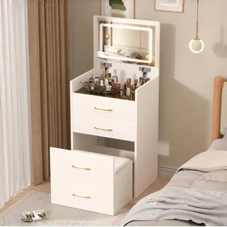 ibettertec Schminktisch 3-in-1-Schminktisch, offener Spiegel, Schminktisch-Set (Spar-Set, 1-St), Umweltfreundlicher Holzwerkstoff, Vintage Altweiß Finish weiß