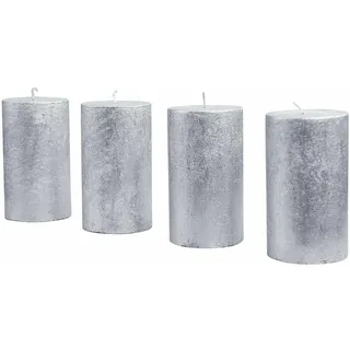 Loberon Kerze 4er Set Braga, Durchgefärbt & Geruchslos, von Hand Gefertigt, Lange Brenndauer, Adventskerzen, Adventskranz, Stumpenkerzen, Paraffinwachs, Silber