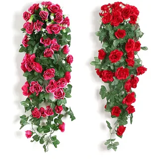milaosk 2 Stück Künstliche Blumen an der Wand, Künstliche Hängepflanzen Hängeblume Efeu Künstlich Hängende Rosenrot Blumen Kunstpflanze Hängend für Balkon, Büro 90cm(Rot, Rosarot)
