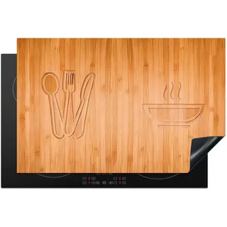 KitchenYeah© Herdabdeckplatte Einteilig Induktionsmatte Küche Abdeckung | 80x52 cm - Glaskeramikkochfeld Herd Abdeckplatte Deko Vinyl Matte Aufrollbar Holz Druck - Besteck - Suppe