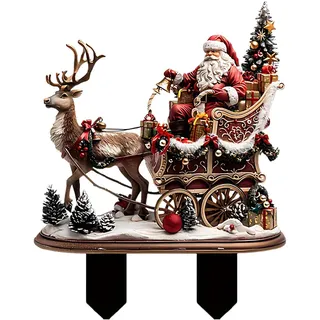 Hirsch Weihnachtsmann Figur Schlitten Deko, Acryl 2D Rentier Figur Weihnachtsstecker, Weihnachtsdeko Aussen Figuren, Weihnachtsfiguren Gartendeko, Gartenstecker Weihnachten Deko Draußen