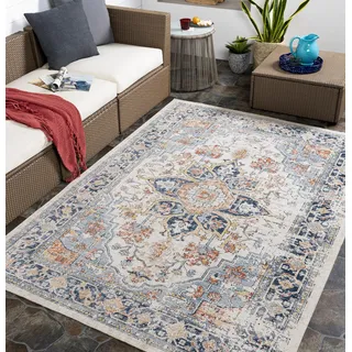 Livabliss Safi Outdoor wetterfest - In und Outdoor für Balkon 160x213 cm, Terrasse, Garten, Küche - e Boho Style für draußen - Blau, Rost, Beige