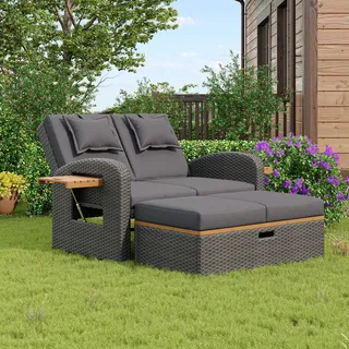 Oxtao Rattan Gartenlounge Set Outdoor, Rattan Gartenliege 2 Sitzer mit Schlaffunktion, Verstellbare Rückenlehne, Gartensofa mit Hocker und Stauraum, Garten Doppelliege mit Seitenablagen, Grau