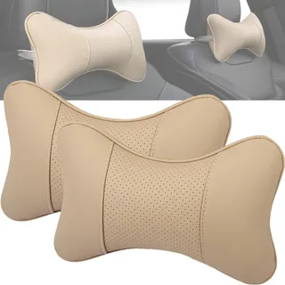 YUEMING 2 Stück Auto Nackenkissen, PU-Leder Weichheit Auto Kopfstütze Kissen zum Fahren, Sicherheit Ergonomische Nackenstütze Kissen für Autofahren Reisen,29 * 19CM (Beige)