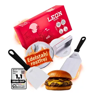 LEÓN Goods® - Smash Burger Set/Hamburger Set aus Edelstahl für Gasgrill, Feuerplatte, Teppanyaki UVM. Inkl. Burger Spachtel-Set, Burger Smasher (Burgerpresse) und Burger Glocke (L – 4 TLG.)