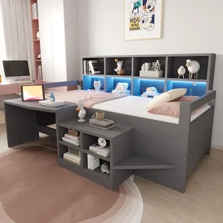 Flieks Kinderbett 90x200cm mit Schreibtisch und Steckdosen, Kinder Hochbett mit Schrank und Regal, Tagesbett Holzbett Einzelbett mit Led, Grau - Grau