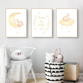 EXQULEG 3er Set Poster Kinderzimmer Kleiner Hase Giraffe Tiere Bilder Babyzimmer Deko Ohne Rahmen, Kinderbilder Tiermotive Poster für Junge Mädchen (B,50x70cm)