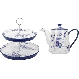 London Pottery 2tlg. Keramik-Teeset mit 4-Tassen-Teekanne und 2-stöckiger Tortenständer, Blue Rose