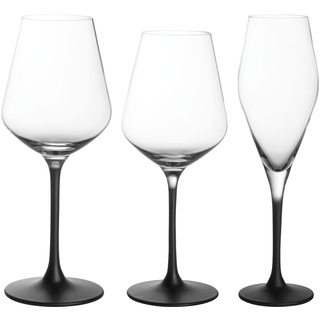 Villeroy & Boch Manufacture Rock Wein- und Sektgläser 12er Set, Rotweinglas 470 ml, Weißweinglas 380 ml, Sektglas 260 ml, Kristallglas, Transparent/Schwarz