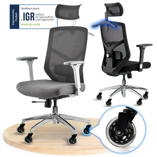 ELITESEATS Bürostuhl Ergonomisch [TESTSIEGER] Kratzerfreie Rollen Atmungsaktiv (Ergonomischer Schreibtischstuhl, Büro Stuhl 150 kg Belastbar), Gaming Stuhl, Computerstuhl, Drehstuhl, Chefsessel, Home Office grau|weiß