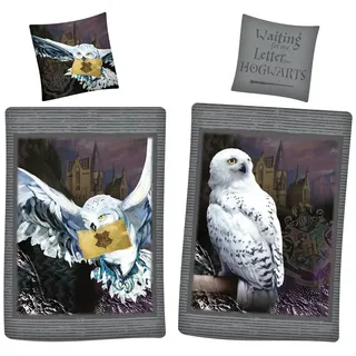 BERONAGE Kinderbettwäsche Harry Potter Hedwig Bettwäsche Linon / Renforcé Eule Bettbezug, 100% Baumwolle, 2 teilig, 135x200 + 80x80 cm schwarz