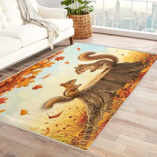 Teppich Babyzimmer Waldtiere - Teppich Wohnzimmer Schlafzimmer Eichhörnchen, Kleiner Teppich Kinderzimmer Wald, Weich Kurzflor & Waschbar & rutschfest Fussmatte Innen, Kinderteppich 50x80 cm