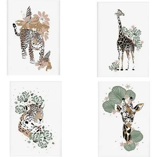 POSTER Set mit 4 GiraffenLeopardblatt, Blumen und Pflanzen vom Dschungel A4 Rahmenlos