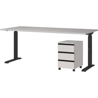KADIMA DESIGN Büromöbel Set 2-teilig | Schreibtisch 180x80cm & Rollcontainer Greige/Schwarz | Einstellbar 68-91 cm & Soft-Close