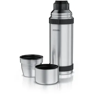 Arendo - Thermoskanne 1l Edelstahl – mit 2 Becher - Thermosflasche doppelwandig - 1000ml - One Click Verschluss - auslaufsicher – abnehmbarer Deckel – BPA frei – Kohlensäurefest - silber