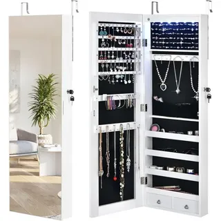 Costway - Verspiegelter Schmuckschrank Mit 6 Led-leuchten & 2 Schubladen , Schmuck Haengeschrank Abschliessbar, Sipegelschrank Schrank Wand- / Türmontage Weiss
