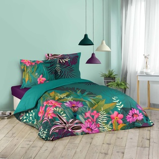 3tlg. Blumen Bettwäsche 240x220 Baumwolle Übergröße Bettdecke Kissen Bezüge grün