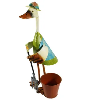 colourliving Pflanzkübel Dekofigur Ente Mistgabel Hut Pflanztopf Metall Gartenfigur Dekoration, Pflanztopf, Entenfigur, Blechfigur bunt|rot