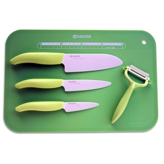 Kyocera Keramikmesser Set- 3 Messer Griff grün + Keramikschäler + Schneidunterlage Fb. grün