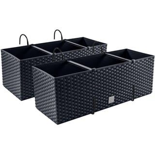 PAFEN 2X Blumenkasten Blumentopf Rattan-Optik mit Halterungen Pflanztopf Balkonkasten Pflanzkästen, Anthrazit