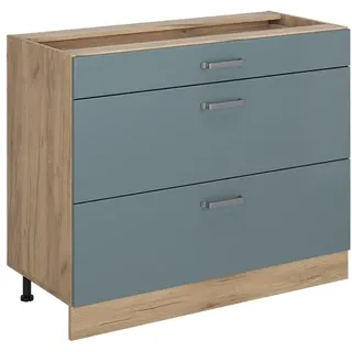 Vicco Küchenunterschrank R-Line, Blau-Grau/Goldkraft Eiche 100 cm | 3 Schubladen · Ohne Arbeitsplatte · Höhenverst. Füße · Metallgriffe · ✓ Frei kombinierbar