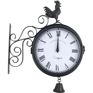 Retro Doppelseitige Wanduhr Wasserdichte Vintage Bahnhofsuhr Metall Antike Gartenuhren Stationsuhr (schwarz) - Schwarz