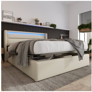 BlingBin Stauraumbett Hydraulisch Doppelbett Polsterbett mit LED-Beleuchtungsleiste 140×200 (Funktionsbett mit LED-Beleuchtungsleiste (Mit Fernbedienung), mit Bettkasten und Lattenrost, Liegefläche 140x200 cm weiß