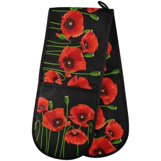 Doppelte Ofenhandschuhe, hitzebeständig, rote Mohnblumen, doppelte Ofenhandschuhe, Topflappen, Hitzeschutz, Ofenhandschuhe für Zuhause, Küche, Backen, Kochen, Grillen, Mikrowelle