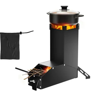 XMTECH Raketenofen Schwarz | Edelstahl Rocket Stove Campingkocher, Outdoor Holzofen, Mini Raketenofen, Survival Notkocher für Dutch Oven, BBQ, Terrasse & Garten | Zerlegbar, inkl. Tragetasche