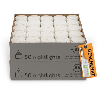 DecoLite: 100 Teelichter Nightlights von Wenzel mit transparenter Hülle - 7-8 Stunden Brenndauer inkl. Stabfeuerzeug | Teelichter im durchsichtigen Becher | ohne Duft