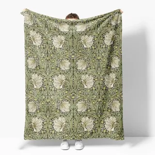 William Morris Decke mit Vintage-Blumenmuster, rustikal, weich, Flanell, leichte Decke, salbeigrün/gelb, botanische Überwurfdecke für Wohnzimmer, Sofa, Dekoration, Geschenkdecke für Frauen und