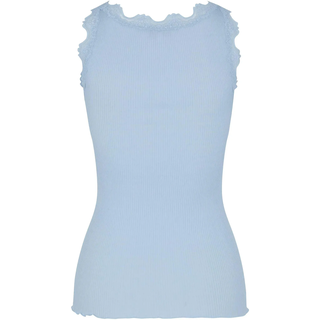 Spitzentop ROSEMUNDE "Babette Silk Top mit Seide", Damen, Gr. XXL, heather sky, Feinstrick, Obermaterial: 70% Seide, 30% Baumwolle, körpernah hüftbedeckend, Rundhals, Tops Spitzentop, Vintage-Spitzenbesatz, mit Rundhalsausschnitt, hoher Seidenanteil