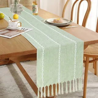 Boho Baumwoll Leinen Tischläufer mit Handquasten,Rustikaler Tischdekoration,Bauernhaus Stil Tischläufer für Heimdekoration,Urlaubsparty,Esszimmer-Dekorationen,Hoteldekorationen 13×72 Zoll,Hellgrün