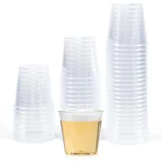 50 Stück Schnapsgläser Plastik, 30ml Shotgläser Plastik, 3cl Shot Becher Plastik, Schnapsbecher aus PS Material, Plastikbecher Klein für Gebäck, Wiedervereinigung, Cocktailparty