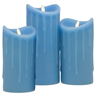 Tronje LED Echtwachskerzen 3er Set mit Timer - 18/18/23 cm Kerzen Blau Wachstropfen mit beweglicher Flamme