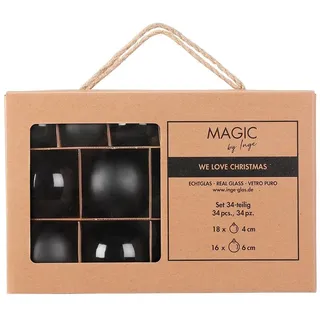 Inge Glas Weihnachtskugeln | Große Kugelbox mit 34 Kugeln | 4cm & 6cm große Christbaumkugeln (Ebony Black | schwarz)