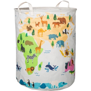 BY BABOO Aufbewahrungskorb für Kinder mit Weltkarte und Tieren - wasserdichter, faltbarer Spielzeugkorb für Spielzeugaufbewahrung, Wäschekorb aus Baumwolle für Kinderzimmer, großer Spielzeug-Korb