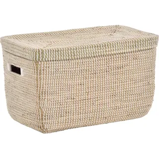 Krines Home Aufbewahrungskorb Handgearbeiteter Seegras Dekokorb mit Deckel Aufbewahrung Flechtkorb, Truhe Natur mit weißen Wicklungen Rund Box (Hell Natur, Truhe) beige 57 cm x 35 cm x 33 cm