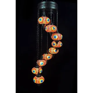 9-globige Hängelampe aus Mosaikglas in Multicolor - Türkische Hängelampe mit 9 Mosaikglaskugeln - Orientalische Deckenleuchte - Bunt