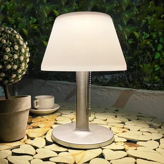Solar Tischleuchte für Innen/Outdoor, 5W Akku Tischlampe LED Dimmbar 3000K Warmweiß IP44 Silber Edelstahl Schreibtischlampe Kabellos 2000mAh Batterie Solar Tischlampen für Schlafzimmer Esstisch Garten