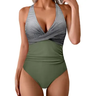 sutelang lurryly Badeanzug Damen Bauchweg, Shape Badeanzug Damen Push Up, Bauchkontrolle Geraffter Badeanzug Sexy Neckholder V Ausschnitt High Waist Schwimmanzug Einteilige Bademode Swimsuit