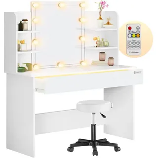 CASARIA Schminktisch Lucia Weiß 140x110x40cm mit LED + Rollhocker