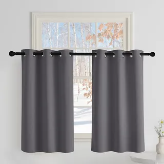 PONY DANCE Scheibengardinen Küche Kurze Blickdichte Vorhänge mit Ösen | 2er Set H90xB106cm, Grau, Vorhang Verdunkelung, Thermo Gardinen Kälteschutz, Sichtschutz, für Wohnzimmer, Kleine Fenster