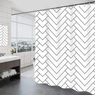 Beydodo Duschvorhang 300x200 Motiv, Duschvorhang Anti Schimmel Weiß mit Schwarz Geometrisch Muster Duschvorhänge Polyester Bad Vorhang Fenster Wasserdicht