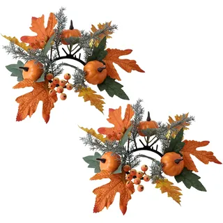 Herbstdeko Kerzenringe, 2 Stück Herbst Dekoration Kerzenkranz Ahornblättern kürbis Deko, Herbst Deko Kerzenringe für Stabkerzen, Kerzen Dekorative Kränze für Thanksgiving Innen Tisch Tischdeko (A)