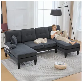 STILVORA Sofa 4-Sitzer U-Form Couch Wohnlandschaft mit Rückenlehne Leinenstoff, mit zwei Chaise-Lounges aus weichem Leinenstoff, moderne Rückenlehne, stabile Füße und gemütliche Sitzkissen grau