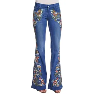 Onsoyours Jeanshose Damen Elegant Stretch Skinny Schlaghose Bootcut Flared Hose Casual Hohe Taille Jeans Mode Hose Weites Bein Retro Stil Destroyed Denim Pants - L