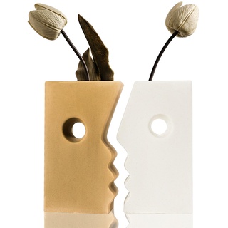 Sawoake Hellbraun+Weiß Keramik Gesicht Buch Vase Set von 2 für Home Decor, Abstraktes Gesicht küssen Vasen Set, Blumenvase, Moderne Vasen, quadratische Vasen, Wohnzimmer Centerpieces Decor