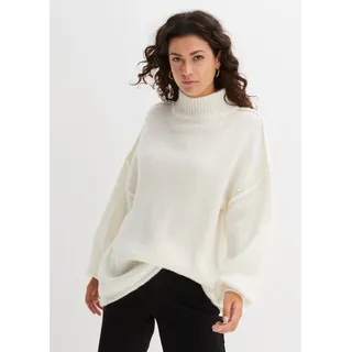 Strickpullover BONPRIX "Grobstrick-Pullover", Damen, Gr. 44/46 (L), weiß (wollweiß), Grobstrick, Obermaterial: 56% Polyester, 31% Polyacryl, 7% Polyamid, 6% Wolle, unifarben, oversize Po-bedeckend, hoch geschlossener Ausschnitt, Strickbündchen, Pullover Strickpullover, mit Wollanteil, mit Stehkragen, oversized, markante Nähte