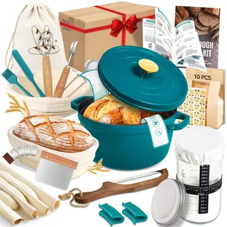 NZQXJXZ Sauerteig Brot Bakset mit 26cm Emaillepott und Gärkorb, Brotbackset | 100% Natürlichem Rattan Rund & Oval Gärkörbchen, Gusseisen Topf Brot Backen Emailliert Set für Anfänger und Erfahrener Bäcker
